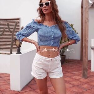 Distressed High Rise White Denim Universal Thread High Rise MIDI Shorts Size 16
